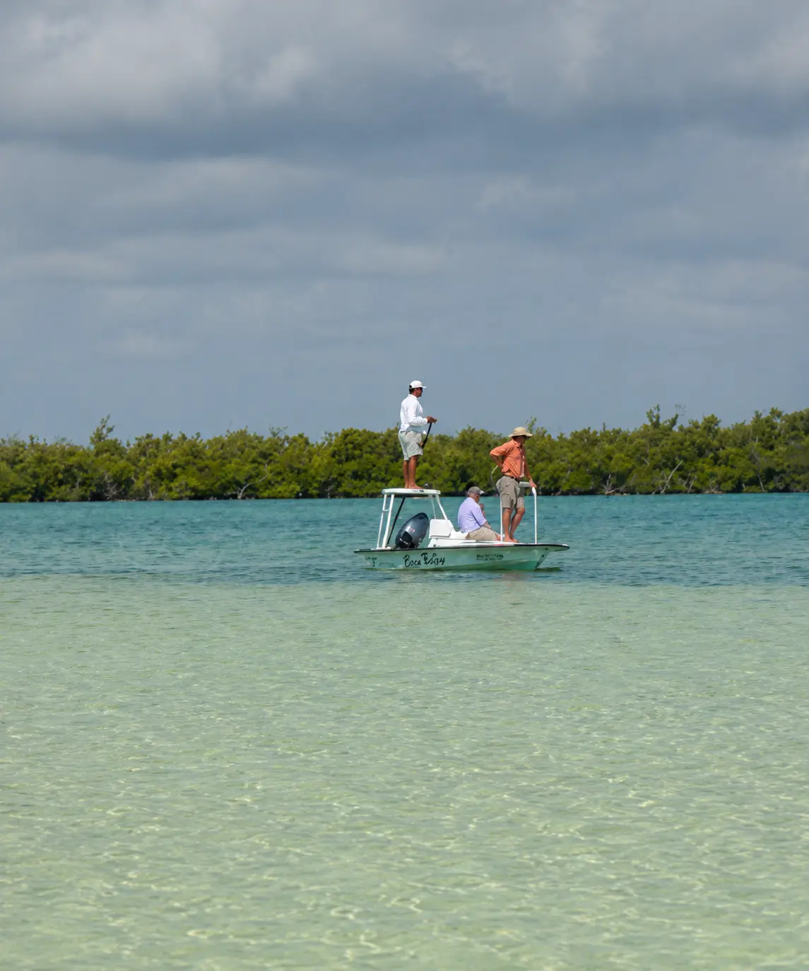A flats skiff floating over a Bonefish Flat in Isla blanca